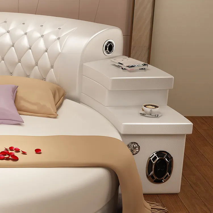 Luxury Round Modern Bed Pink Leather massage with speakers charging system audio