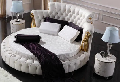 Fashion Modern Design Pure White Genuine Leather Diamond round Bed for Bedroom Furniture BF08-RB001