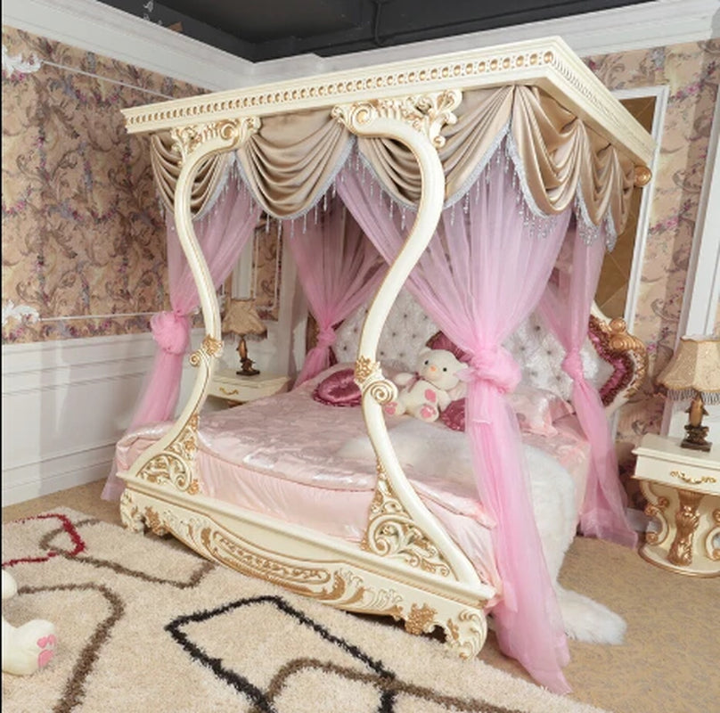 Luxury Furniture, Italian Classical Hand Carved Wooden Princess Bed, Luxury Upholstered Canopy Bed