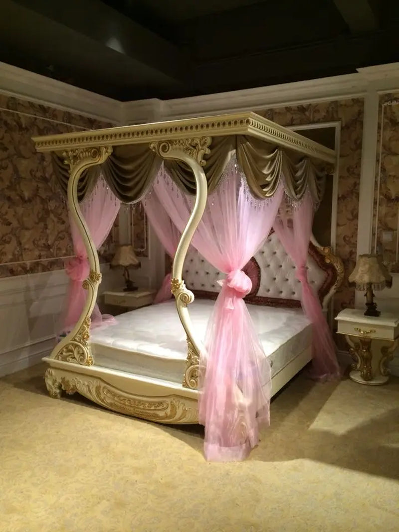 Luxury Furniture, Italian Classical Hand Carved Wooden Princess Bed, Luxury Upholstered Canopy Bed